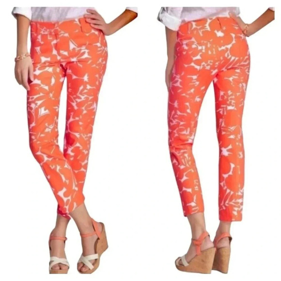 ANN TAYLOR | Carnegie Crop Orange and White Floral Cotton Spandex Pants Size 10 - Picture 1 of 10